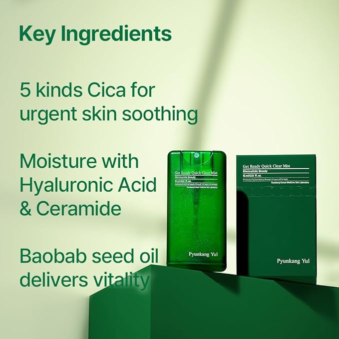 Pyunkang Yul PKY Ultimate Get Ready Quick Clear Mist for Sensitive Skin, Intensely Calms & Soothes Redness with Cica & Tea Tree, Compact size, Korean Skincare (0.51 Fl. oz, 15ml)-Velvo Beauty