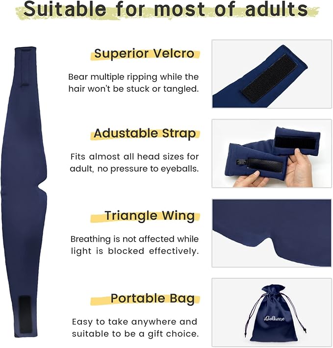 100% Handmade Bamboo Sleeping Eye Mask for Women for Men,Night Masks,Organic Sleep Mask,Blockout Eye Mask for Sleeping,Large Size Adjustable (Navy Blue)-Velvo Beauty