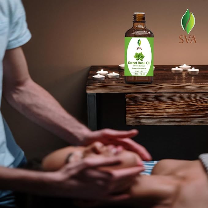 SVA Sweet Basil Essential Oil – 4 Fl Oz – 100% Natural Basil Oil - for Diffuser, Hair Care, Face, Skin Care, Aromatherapy, Scalp and Body Massage, Soap and Candle Making – with Dropper-Velvo Beauty