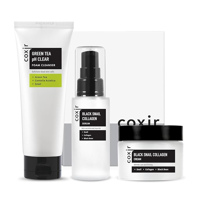 coxir BLACK SNAIL GIFT SET /Gift Set Birthday present /Foam Cleanser+Serum+Cream/Black Rice, Bean, Sesame, Snail Mucin, Collagen, Peptide l Repairing&Firming l Korean Skin Care-Velvo Beauty