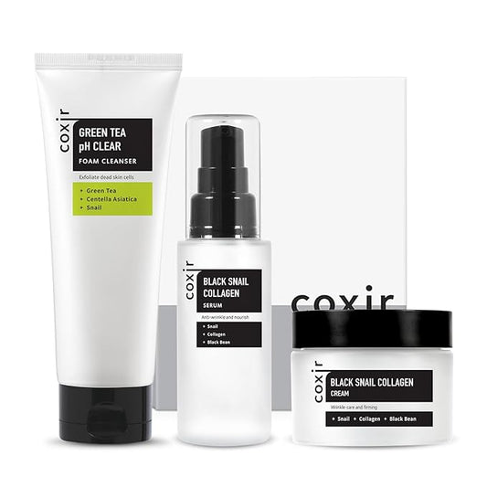 coxir BLACK SNAIL GIFT SET /Gift Set Birthday present /Foam Cleanser+Serum+Cream/Black Rice, Bean, Sesame, Snail Mucin, Collagen, Peptide l Repairing&Firming l Korean Skin Care-Velvo Beauty