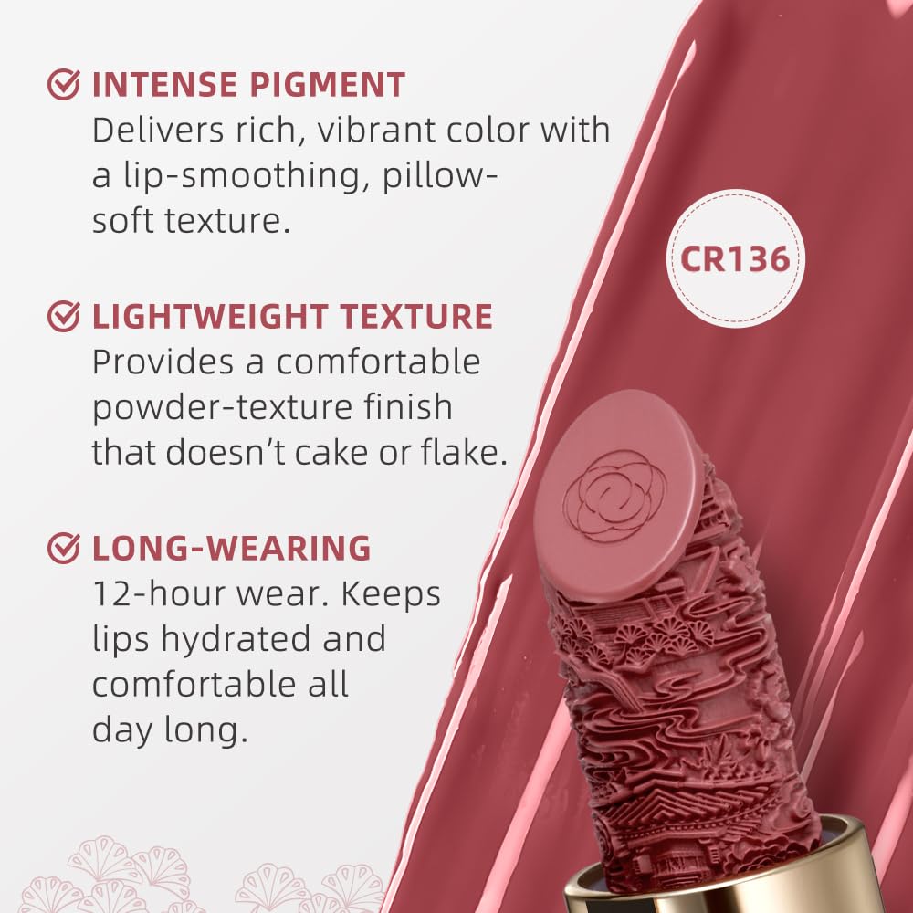 Catkin Moist Lipstick Hydrating High Impact Color Infused with Vitamin E and Avocado Oil Smooth Soft Texture Long Lasting Rose Glow Finish 136-Velvo Beauty