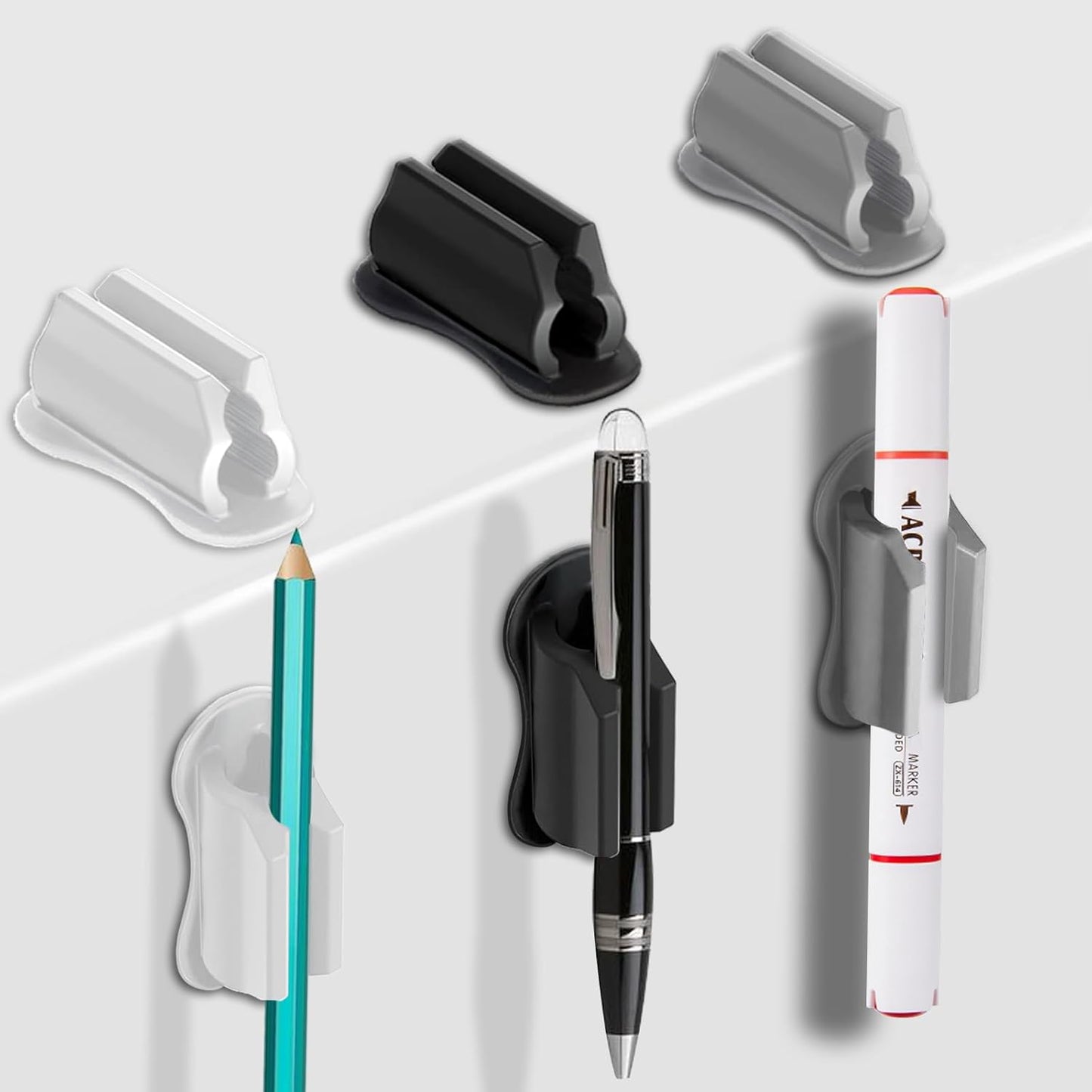 Adhesive Pen Holder for Wall Pencil Holder for Desk Organizer, 6Pack Silicone Pen Holders for Clipboard, Marker Holder Sticky Pen Holder for Desk Accessories, Office Supplies (2black+2white+2grey)-Velvo Beauty