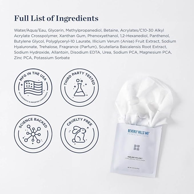 Ageless Volume Hyaluronic Face Mask- Reduce Appearance of Wrinkles, Anti Aging Formula for Plump, Moisturized Skin- 8 Pack- Hydrating & Firming Gentle Sheet Mask-Velvo Beauty