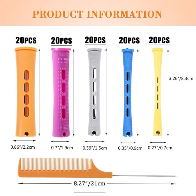 100pcs Hair Curling Rods Set - Plastic Cold Wave Rollers for Natural, Long or Short Hair Styling - Women's DIY Hairdressing Tools in Orange, Purple, Gray, Blue, Yellow-Velvo Beauty