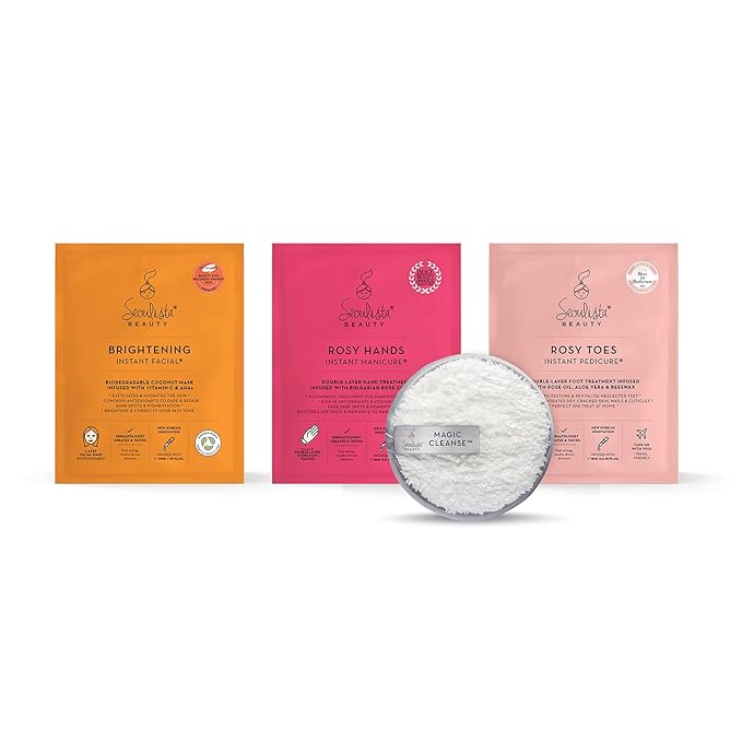 RADIANT Gifting Bundle | BRIGHTENING SHEET MASK | Rosy Toes - Foot Mask Instant Pedciure | Rosy Hands - Hand Mask Instant Manicure| Magic Cleanse™ Eco-friendly Cleansing Tool-Velvo Beauty