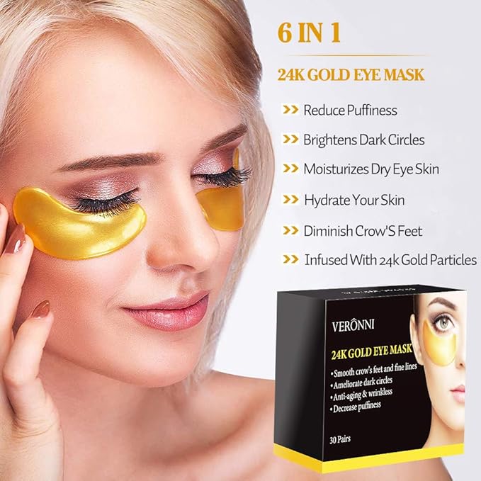VERONNI Eye Lip Mask Set -20pcs Under Eye Patches,10pcs Gold Lip Mask -24K Gold Crystal Eye Lip Pads Treatment for Dry Lip,Dark Circles Eyes Moisturizing, Hydrating(Gold Eye Lip Mask Set)-Velvo Beauty