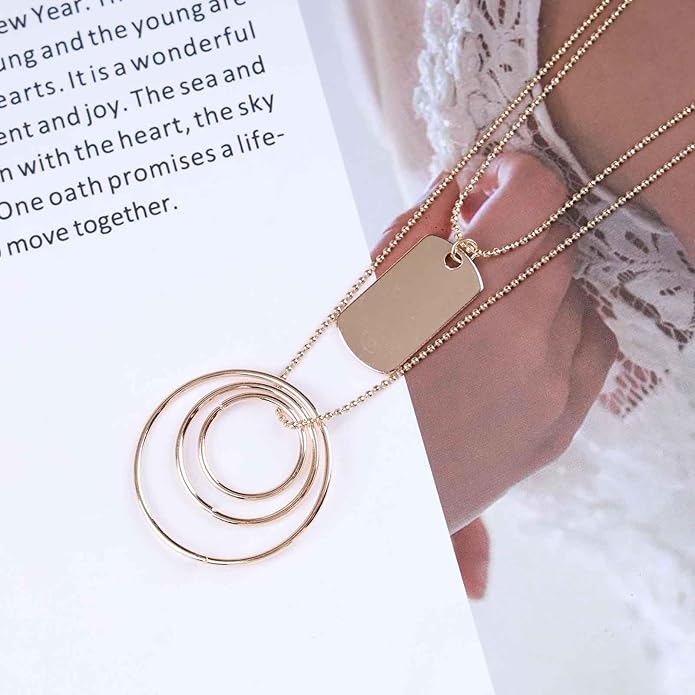 Vintage Layered Square Pendant Necklace Multi Circle Necklace Gold Square Choker Necklace Layer Circle Necklace Jewelry for Women-Velvo Beauty