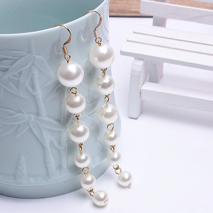 Boho Long Pearl Drop Earrings Vintage Gold Tassel Pearl Dangle Earrings Statement Pearl Chain Drop Dangle Earrings Wedding Prom Bridal Pearl Hook Earrings Jewelry for Women-Velvo Beauty