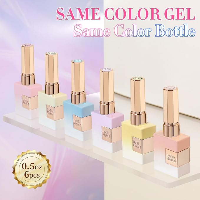 Double Rhythm 6 Pcs 15 ML Gel Polish Set Same Color Same Bottle Soak Off Gel Polish Kit Nail Art Manicure Salon DIY at Home for Women (Jelly Blue Purple Nude Pink-T6-40)-Velvo Beauty