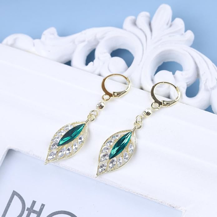 Vintage Crystal Emerald Leaf Dangle Earrings Green Rhinestone Leaf Drop Earrings Green Cz Leaf Earrings Crystal Leaf Hoop Earrings Jewelry for Women-Velvo Beauty