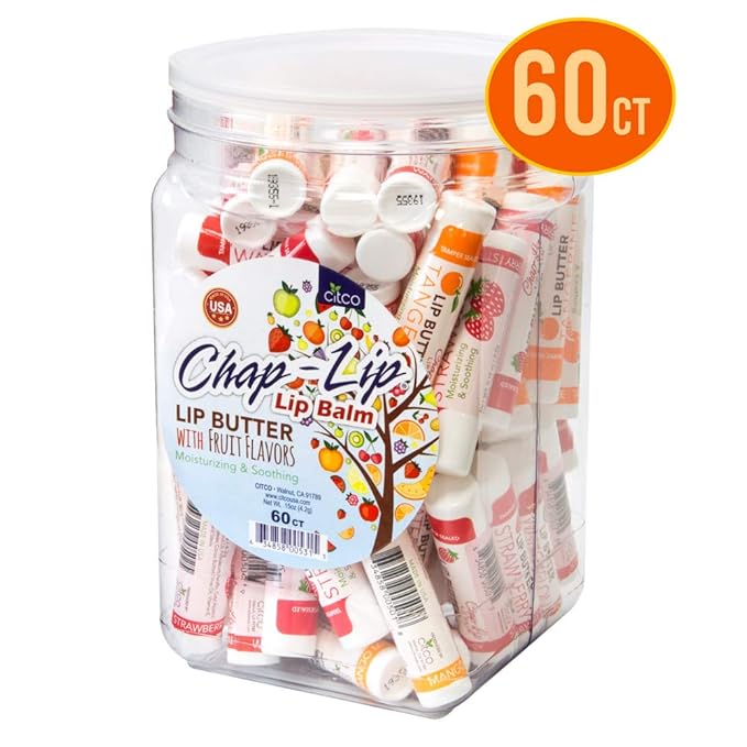 CHAP-LIP Lip Balm 60 Ct. with Fruit Flavors, Cocoa Butter, Coconut Oil | Moisturizing Vitamin E & Total Hydration Treatment & Soothing Lip Therapy (60 Ct Pack of 12)-Velvo Beauty