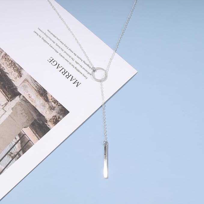 Boho Circle Bar Lariat Necklace Silver Drop Bar Y Necklace Open Circle Necklace Long Vertical Bar Necklace Chain Jewelry for Women and Girls Gifts-Velvo Beauty