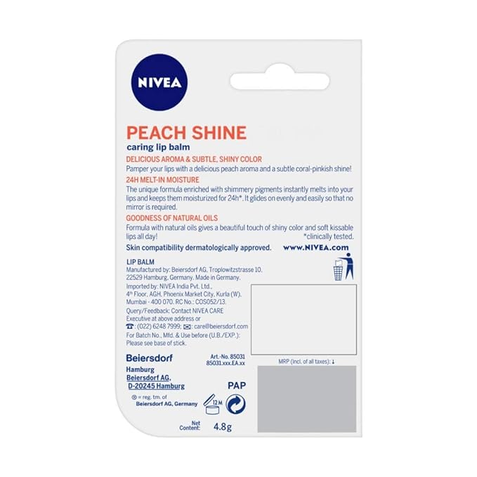 Nivea Lip Balm - Fruity Shine PEACH -Pack of 1-Velvo Beauty