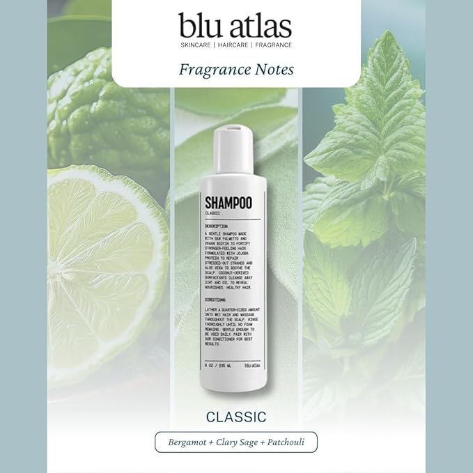 Blu Atlas Men's Natural Shampoo – Organic, Sulfate-Free, Paraben-Free – Deep Cleansing & Hydrating – Classic Scent (Bergamot, Sage, Patchouli) – Made in America– 8 oz-Velvo Beauty
