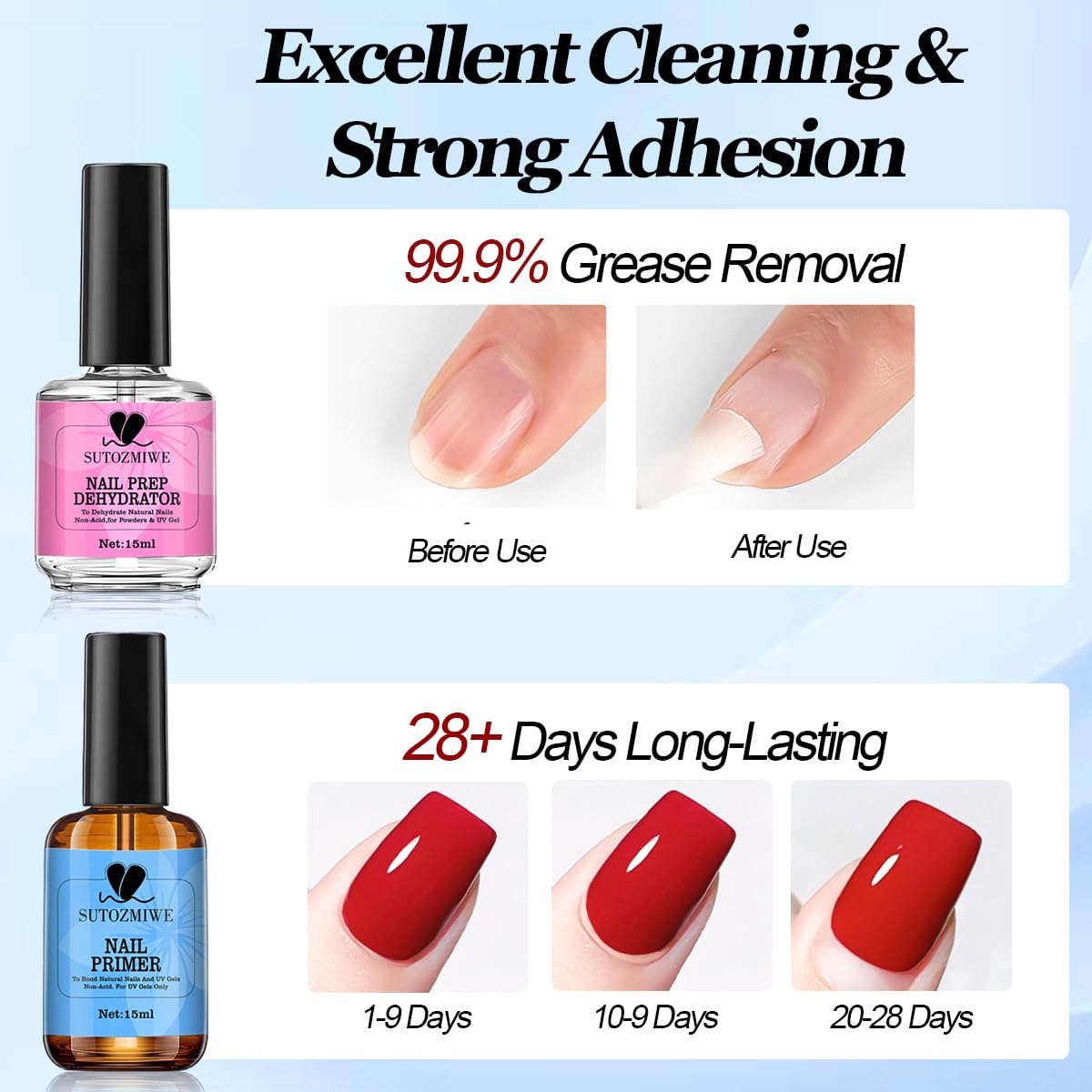 15 ml Nail Dehydrator and Primer Set, Acid Free Natural Prep Dehydrate & Bond Primer, Professional Nail Prep Kit for Acrylic Nails Gel Polish Manicure Nails Supplies Fast Dry-Velvo Beauty