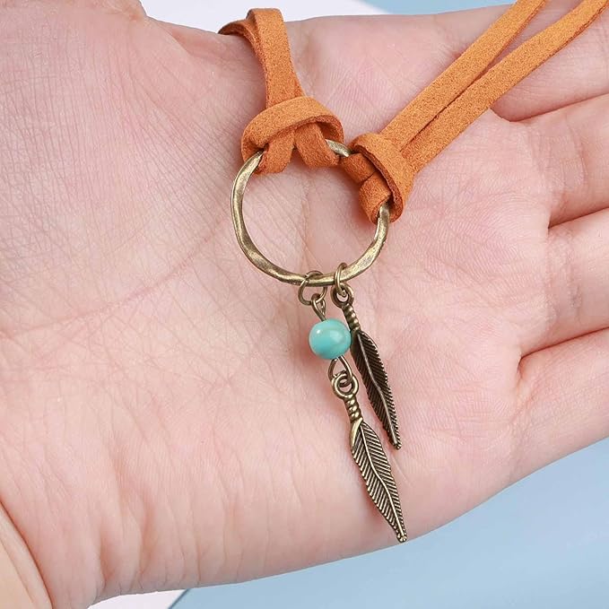 Boho Layered Suede Choker Necklace Tiny Leaf Pendant Necklace Chain Brown O Ring Leather Choker Necklace Turquoise Bead Necklace Chain Jewelry for Women and Girls-Velvo Beauty