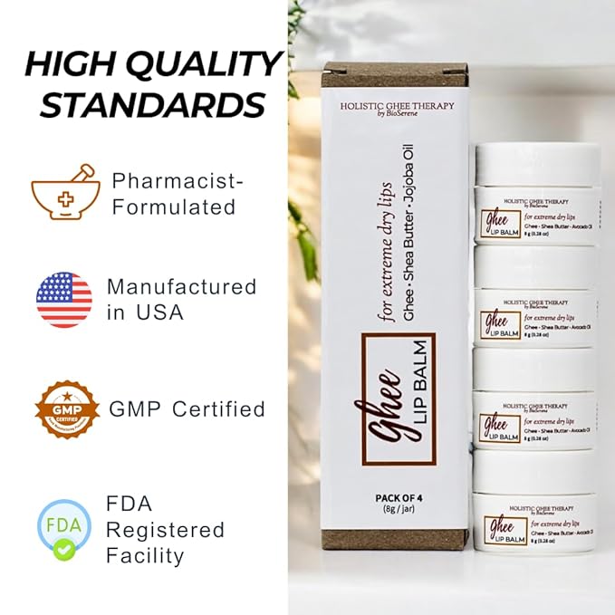 Natural Lip Balm For Very Dry Lips | Pack of 4 | Moisturizing Ghee, Shea Butter, Beeswax, Coconut Oil, & Jojoba Oil | Hydrating Lip Care For Chapped Lips, After Sun Care | Bioserene-Velvo Beauty