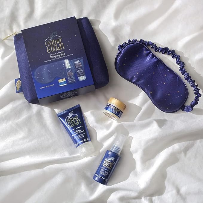 Feather & Down Sleeping Bag Gift Set: Luxury Eye Mask, Sleep Balm, Pillow Spray and Shower Cream, with Calming Lavender & Chamomile Essential Oils, Vegan & Cruelty Free-Velvo Beauty