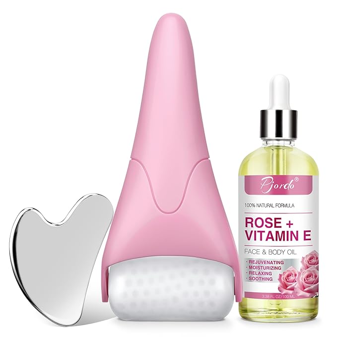 Ice Roller for Face & Eye, Vitamin E Rose Oil & Gua Sha Set, Gua Sha Oil for Face & Body, Reduces Puffiness Relieves Migraines Skin Care Tools, Facial Massager Tool & Self Care Gifts for Women-Velvo Beauty