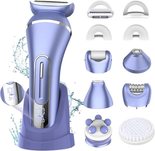 Electric Shavers for Women, 7 in 1 Hair Removal Kit with Epilator Bikini Trimmer Face Razor Body Brush Face Massager Foot Callus Remover, IPX7 Waterproof Lady Razors Set for Legs Armpit Bikini Pubic-Velvo Beauty