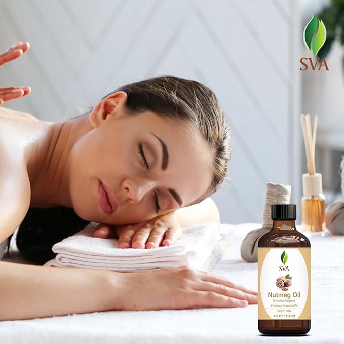 SVA Nutmeg Essential Oil – 4 Fl Oz – 100% Natural Nutmeg Oil - for Diffuser, Hair Care, Face, Skin Care, Aromatherapy, Scalp and Body Massage, Soap and Candle Making – with Dropper-Velvo Beauty