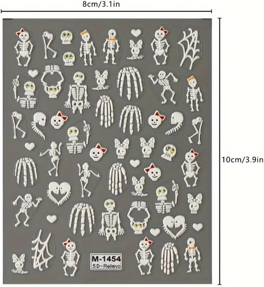 2 Sheets Halloween 5D Embossed Nail Art Stickers - Skeleton, White Skull Nail Stickers with Spider Web Heart Design - Self-Adhesive Horror Decals for Women - Art Supplies and Decorations-Velvo Beauty