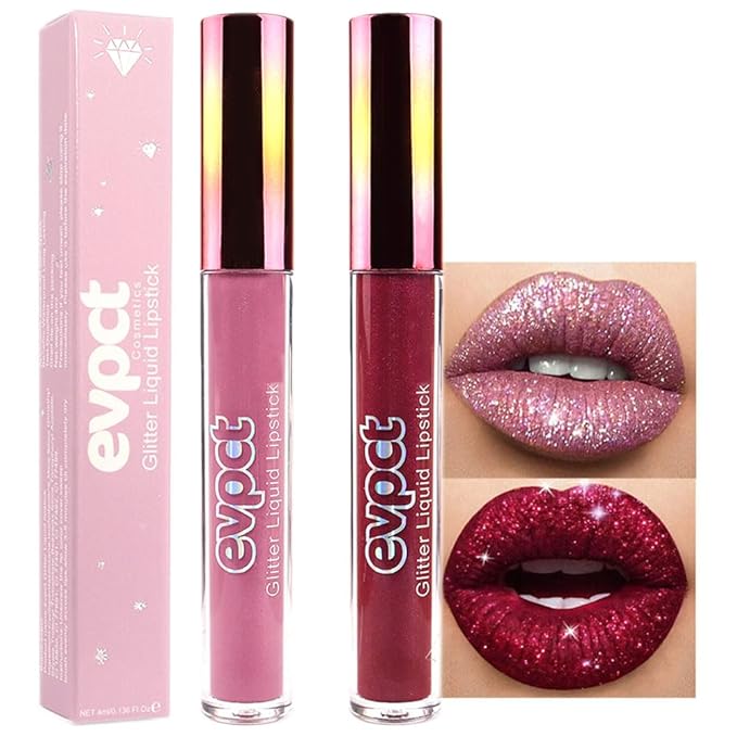 evpct 2Pcs Mauve & Dark Red Matte to Glitter Liquid Lipstick Set Kit for Women Long Lasting Glossy Metallic Shimmer Sparkle Lipstick Lip Gloss 01+04-Velvo Beauty
