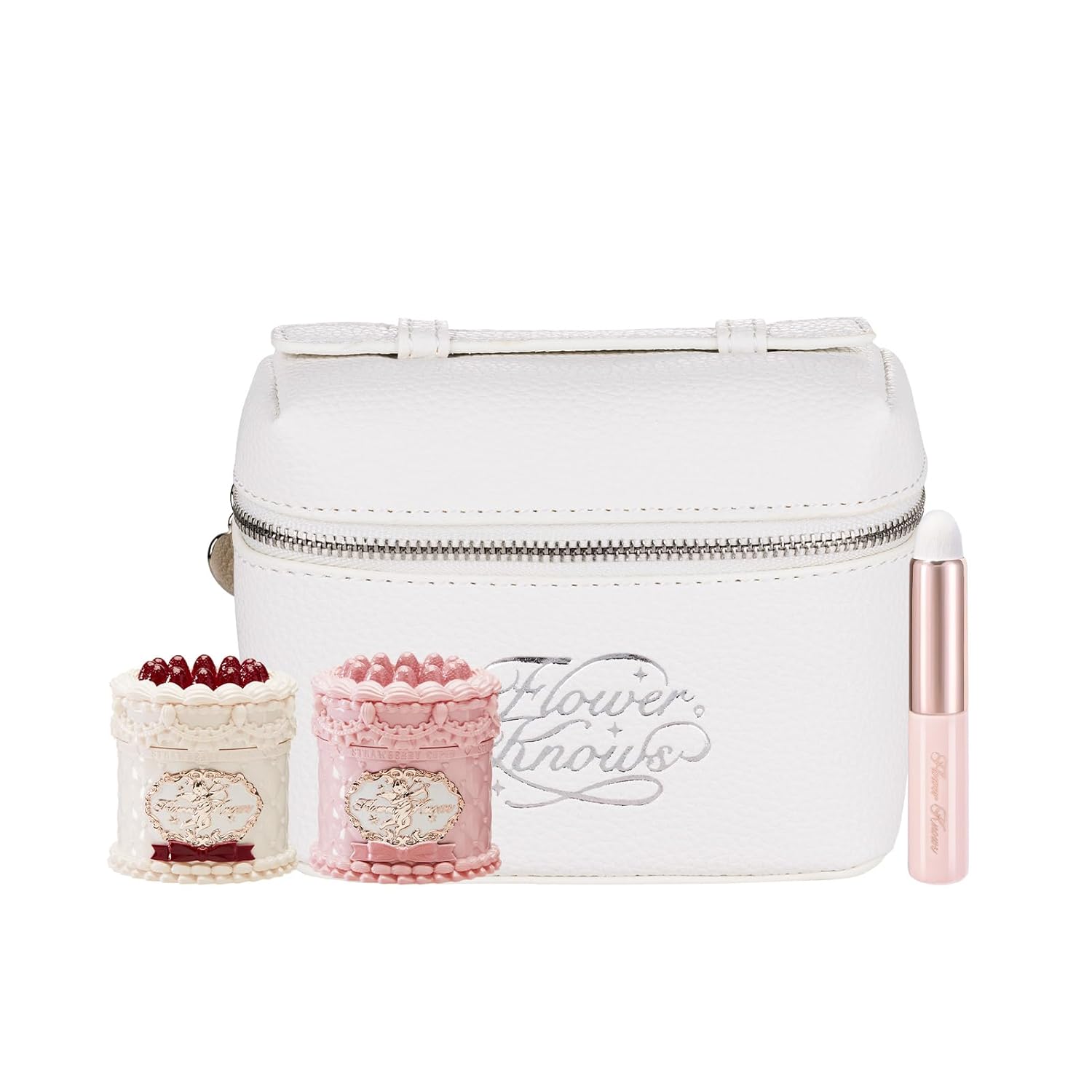Flower Knows Enchanted Lip Kit,Strawberry Cupid Cake Lip Cream V03+V04 Set with Lip Brush & Leather Bag,4-Piece Makeup Gift Set-Velvo Beauty