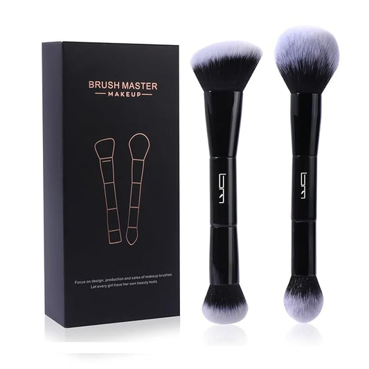 2Pcs Duo End Makeup Brushes, Foundation, Powder, Contour, Concealer, eye makeup Brush, Double-ended Multi-functional Synthetic Cosmetic Tools Makeup Brushes(Black)-Velvo Beauty