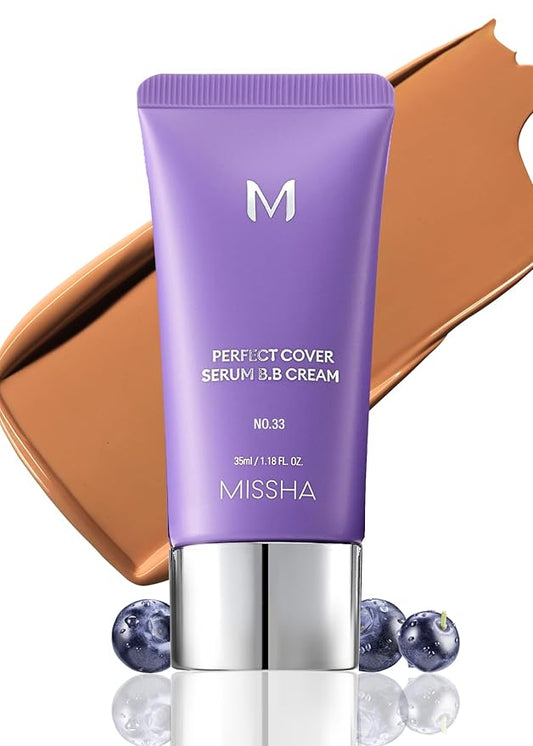 MISSHA M PERFECT COVER SERUM BB CREAM No.33 Tan -Tan with Warm Undertone, BB Cream by Cardi B Pick, Skin Tint, Tinted Moisturizer, Skin Care Foundation Makeup, Korean Makeup, 1.18 Fl oz-Velvo Beauty