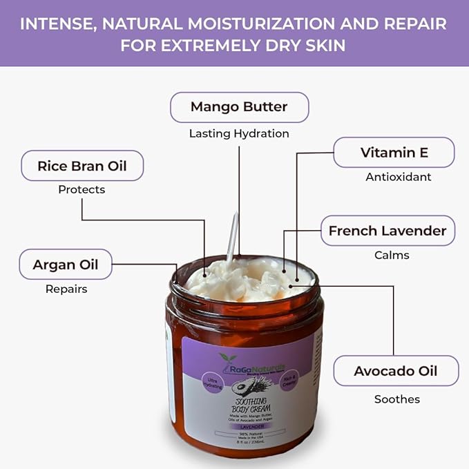 RaGaNaturals Natural Face and Body Butter Cream for Dry Skin - Calming, Nourishing & Hydrating Lavender Body Cream for Women, Men & Kids - Softens Skin and Delivers Healthy-Looking Glow - Vegan - 8 Oz-Velvo Beauty