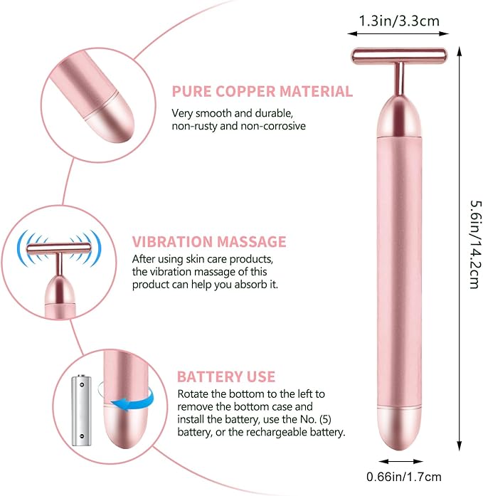 2 Pack T Shape Face Massager Beauty Bar Golden & Pink Facial Massager, Portable Electric Vibration Face Neck Body Massager for Firming Lifting Anti Aging Skin Tightening Wrinkle Reducing-Velvo Beauty