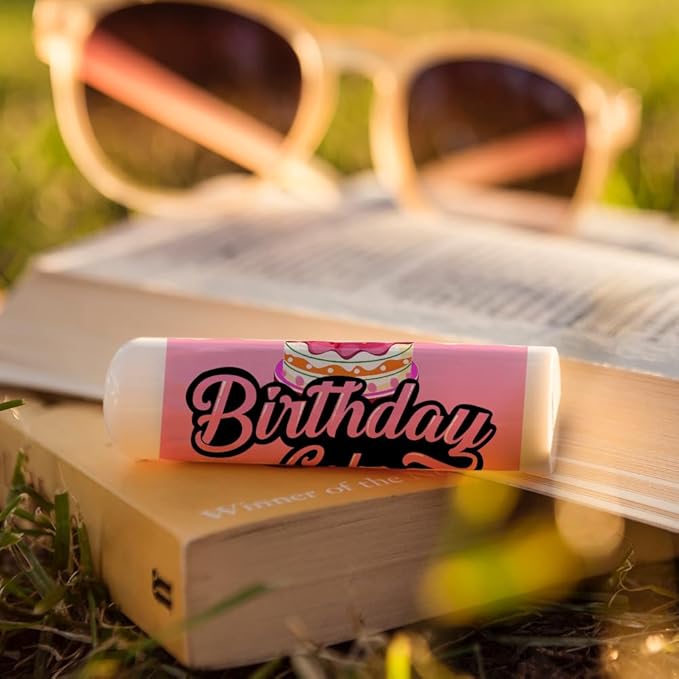 OLYCRAFT 100Pcs 4 Styles Lipstick Tag Stickers Birthday Cake Lip Balm Label Sticker 2.1x1.7 inch Self Adhesive Lipstick Labels with Happy Birthday for Lip Balm Container Tubes Wrapping Decorations-Velvo Beauty