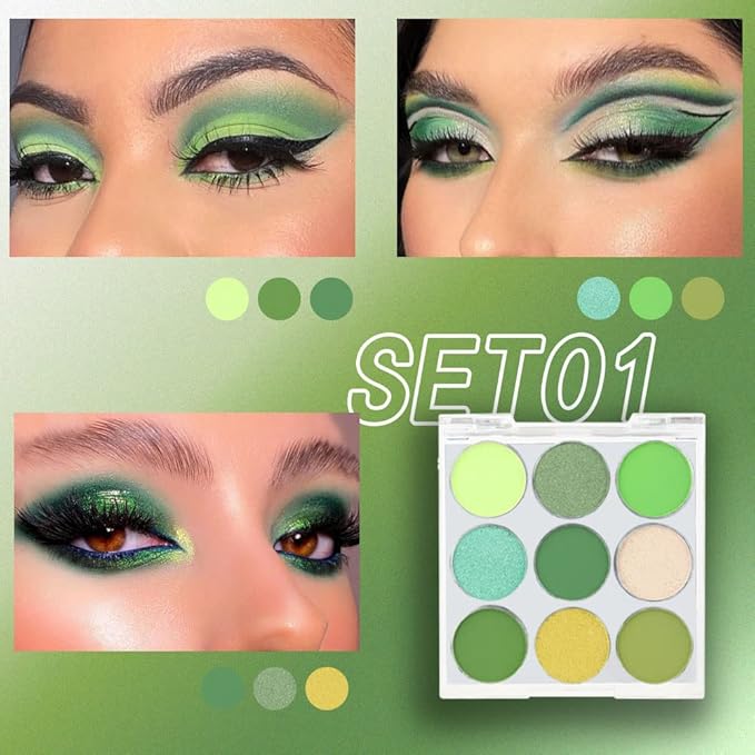 9 Colors Shimmer Matte Green Eyeshadow Palette. Highly Pigmented Light Green Eyeshadow Dark Green Eye shadow Paleta.Blendability Shiny Matte Green Makeup Powder Palet.paleta de sombras de ojos verdes-Velvo Beauty