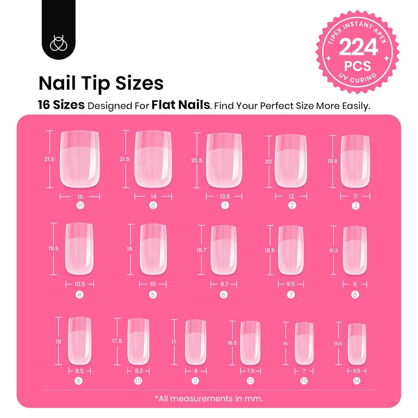 Beetles Tipex Instant Apex Nail Tips Kit Short Square , 224 Pcs Pre-Building Pre-Etched False Nail Tips with Tipex Nail Glue, Mini Nail Lamp-Thick Acrylic Nail Tips Set-Velvo Beauty