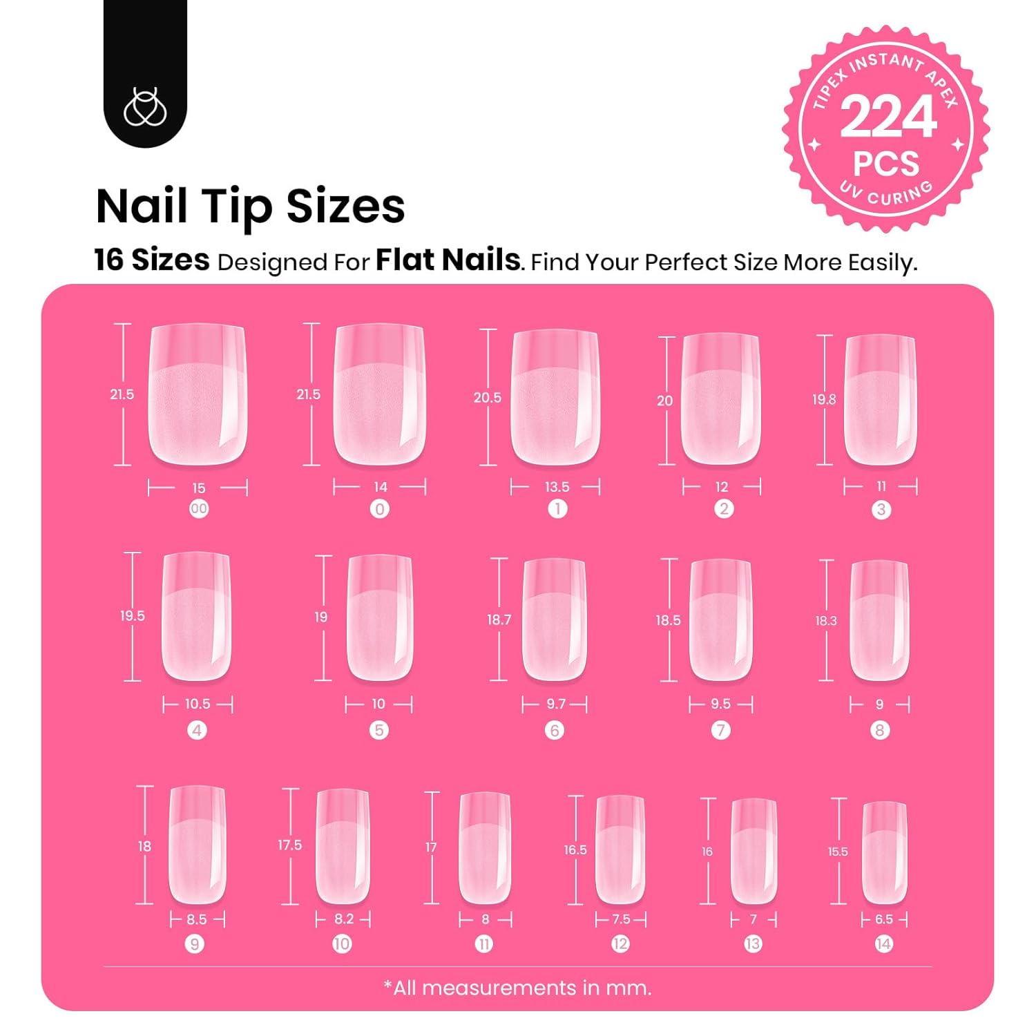 Beetles Tipex Instant Apex Nail Tips Kit Short Square , 224 Pcs Pre-Building Pre-Etched False Nail Tips with Tipex Nail Glue, Mini Nail Lamp-Thick Acrylic Nail Tips Set-Velvo Beauty