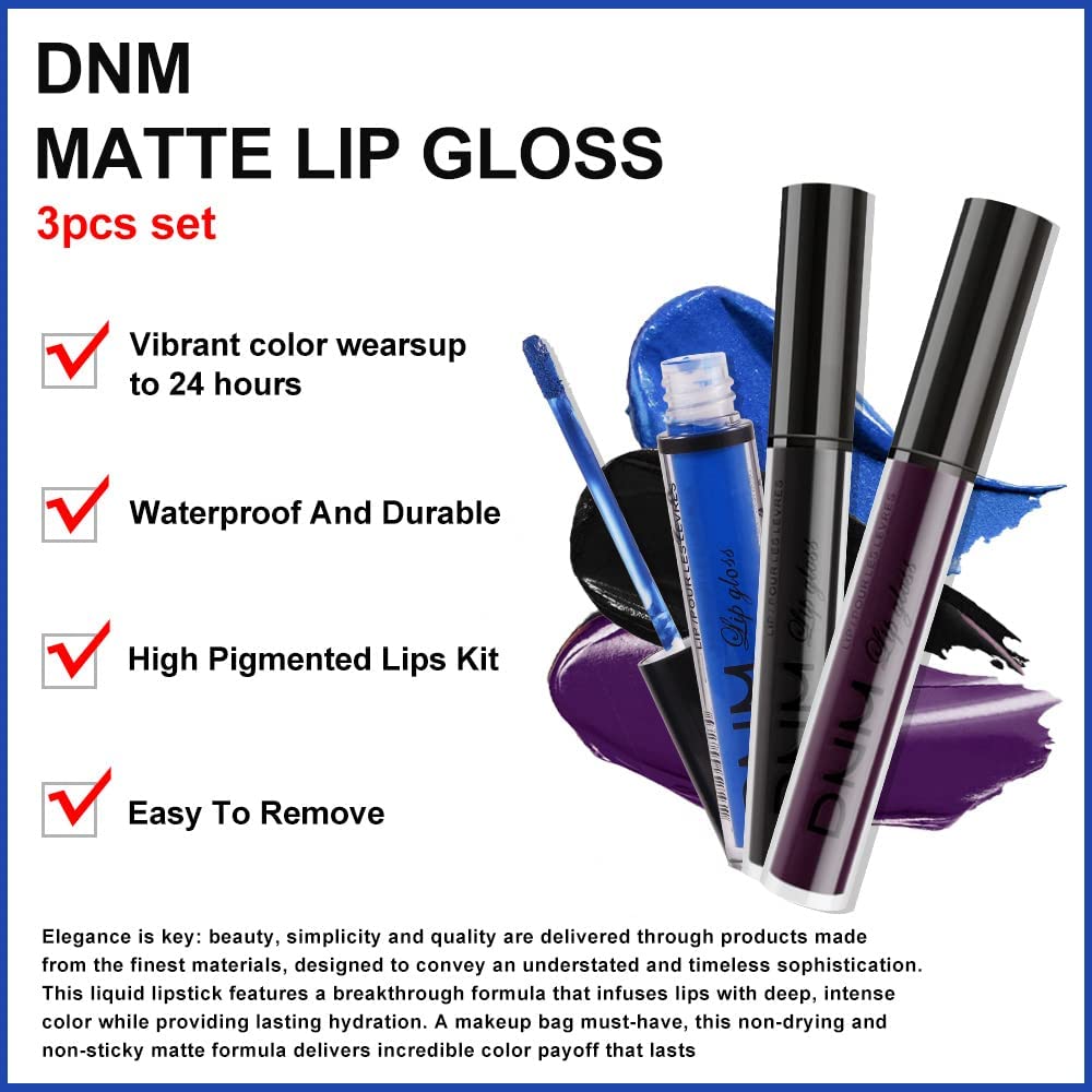 evpct 3Pcs Dark Black Purple Blue Matte Liquid Lipstick Halloween for Women Long Lasting Smudge Proof Black 24 Hours Original Lip Liner and Lipstick Stain Makeup Set labial mate larga duracion 24-Velvo Beauty