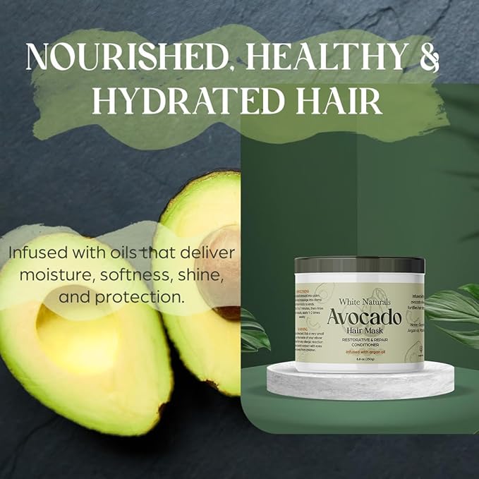 White Naturals Avocado Hair Mask Infused with Biotin for Growth and Volume, Deep Conditioning Cream for Healthy Hydrated Thick Hair, Nourishing Avocado Oil Cream to Help Restore Damaged Tips-Velvo Beauty