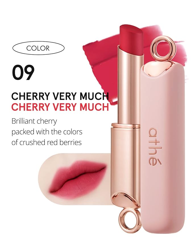 ATHÉ Authentic Airy Lip Balm 09 CHERRY VERY MUCH, Korean Vegan Color Lip Blam, Flake-Free Slim Fit Lips, Silky Powdery Finish & Air-like Blurring with Vibrant Colors, 0.11oz.-Velvo Beauty