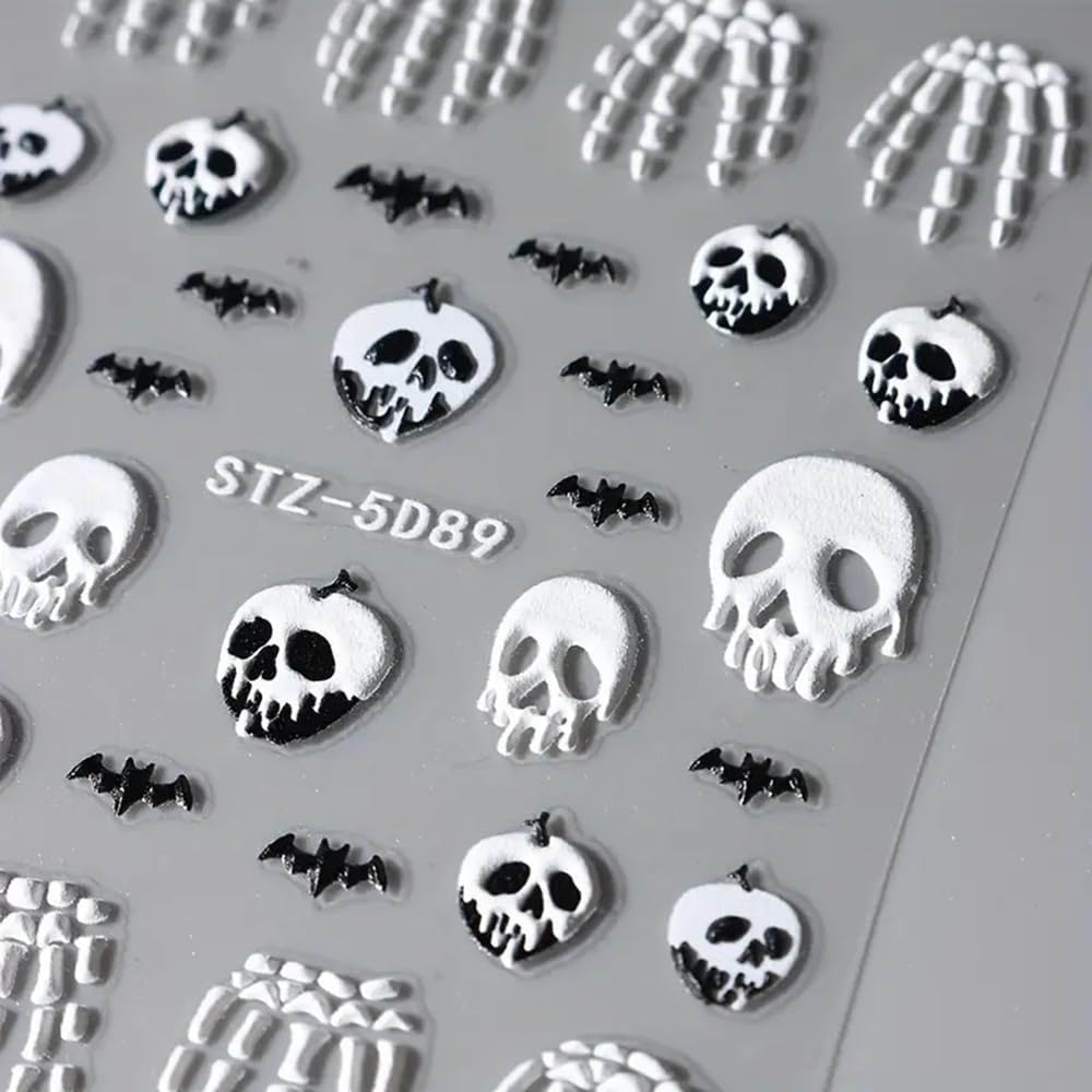 2 Pcs Halloween Nail Art Stickers 5D Embossed Scary Skull Self-Adhesive Nail Decals Halloween Stickers Bat Bones of The Dead Designs Nail Decorations Holiday DIY Acrylic Nail Accessories for Women-Velvo Beauty