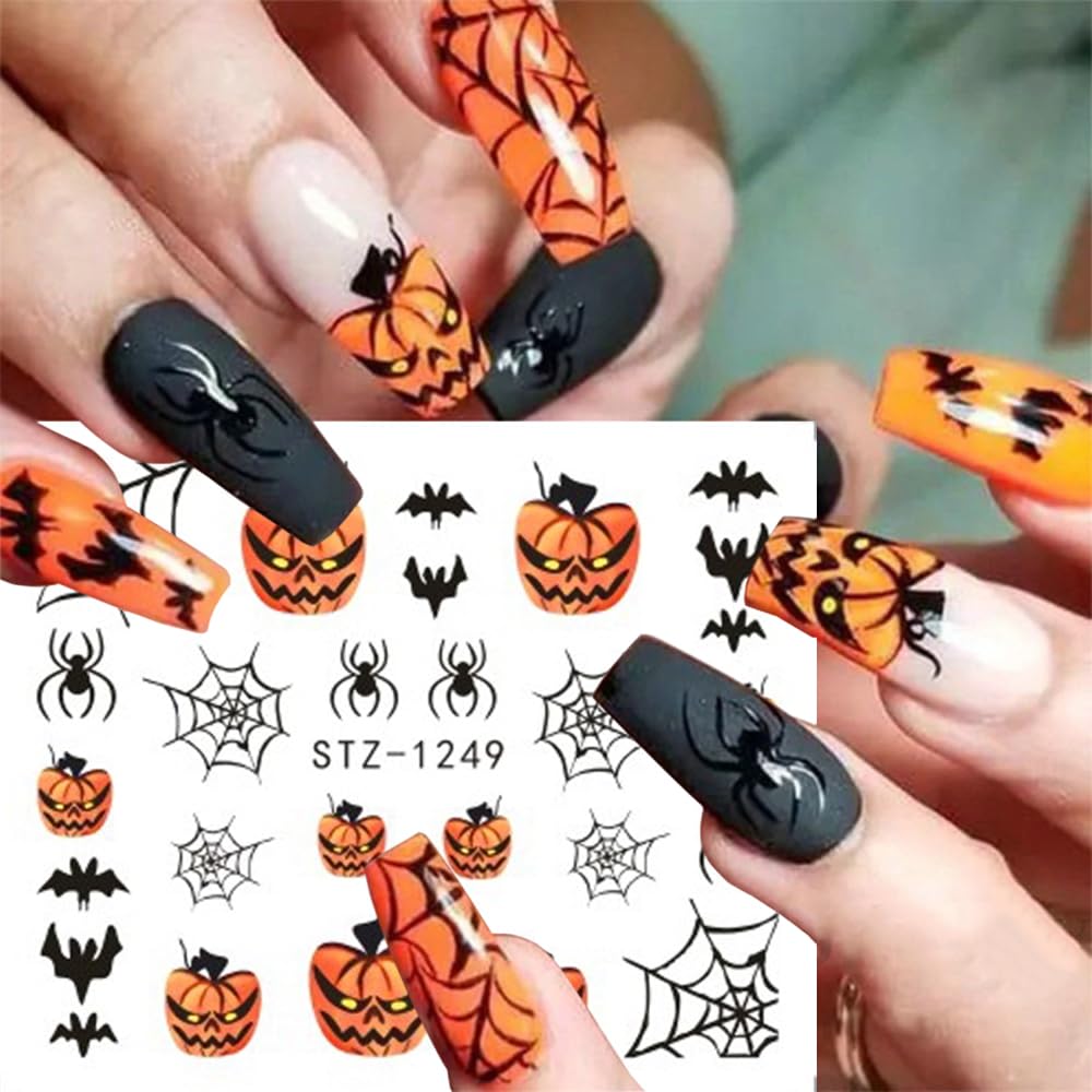 12 Sheets Halloween Nail Art Sticker Decals Horror Water Transfer Nails Foils Pumpkin Ghost Skull Spider Blood Evil Eye Halloween Design Nail Art Decoration Nail Slider Decal for Women DIY Nail Supply-Velvo Beauty