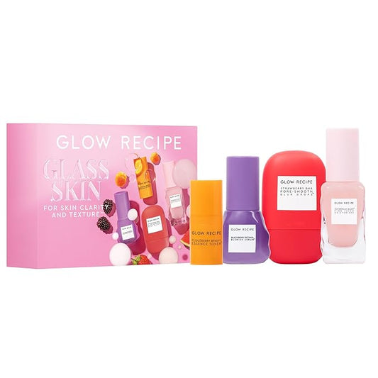 Glow Recipe Glass Skin Hydration Travel Size Korean Skincare Set - Includes Mini Cloudberry Facial Toner, Strawberry Blur Drops, Blackberry Retinol Serum & Pink Juice Moisturizer (4 Count)-Velvo Beauty