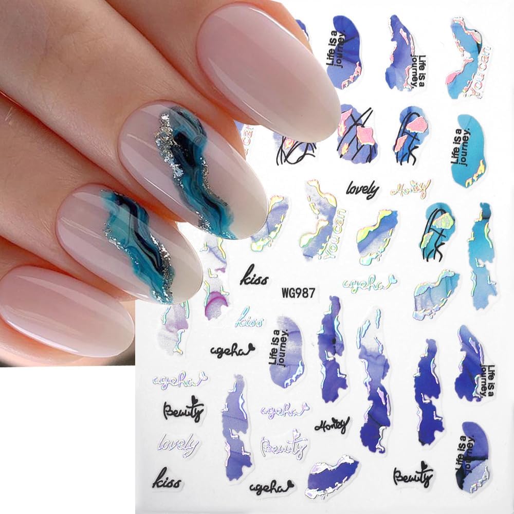 6 Color Marble Nail Art Stickers - Women's 3D Bronzing Silver & Watercolor Blooming Decals - Self Adhesive Foil Nail Designs-Velvo Beauty