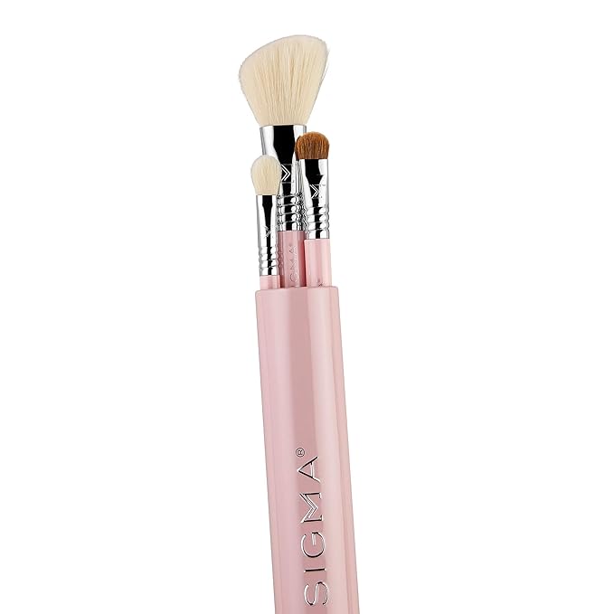 Sigma Beauty Travel Essential Trio - Makeup Brush Set for Foundation Powder Eyeshadow - 3 Tool Brushes with Brush Tin Holder - - Skin Safe, Vegan Makeup Brushes for Travel - Light Pink-Velvo Beauty