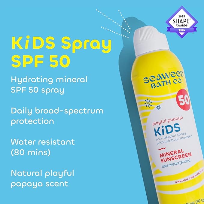 Seaweed Bath Co. Kid's Mineral SPF 50 Broad Spectrum Sunscreen Spray, 6 Ounce (Pack of 2), Papaya Scented, Water Resistant, Tear Free, Sensitive Formula, with Zinc Oxide, Rainbow Seaweed, Watermelon-Velvo Beauty
