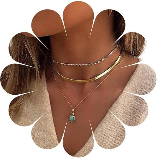 Vintage Layered Turquoise Necklace Turquoise Pendant Necklace Blue Stone Bead Choker Necklace Gold Snake Herringbone Chain Necklace Jewelry for Women-Velvo Beauty