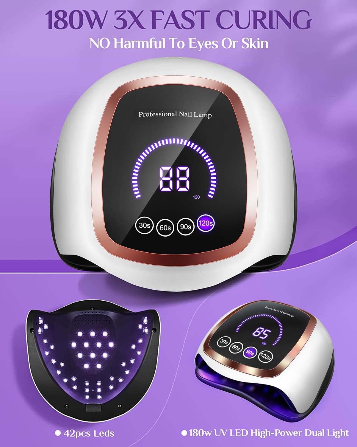 UV LED Nail Lamp, Gugusure Upgrade 180W Nail Dryer for Gel Polish with LCD Display, Auto Sensor and 4 Timer Settings, Professional Curing Lamp Light with 42 Beads for Salon and Home-Velvo Beauty