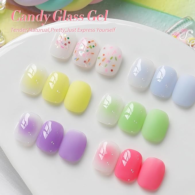Born Pretty Jelly Pastel Gel Nail Polish 6 Colors Spring Summer Yellow Green Blue Purple Pink Candy Sweet Colors Apex Building Effect Gel Polish Kit Nail Art Gel Manicure Kit DIY at Home Salon Gifts-Velvo Beauty
