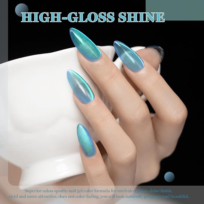 RARJSM Blue Cat Eye Gel Nail Polish Set 6pcs Reflective Diamond Glitter Clear Light Gray Sea Blue Green Tone Glass Cateye Gelpolish with Magnet Stick 7.5ml Curing Requires Soak Off for Home Salon-Velvo Beauty